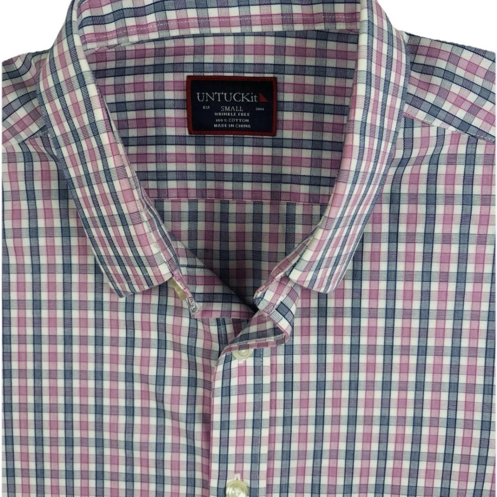 UNTUCKit MEN’S WRINKLE FREE PINK BLUE PLAID CHECK LONG SLEEP BUTTON DOWN SIZE S